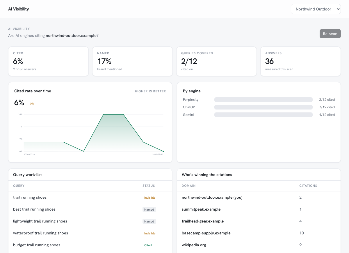 The AI Visibility view: weekly results across Perplexity, ChatGPT, and Gemini showing whether the site is named or cited